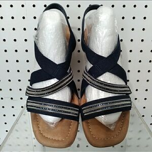 IMPO Navy Blue Women's Sandals|Flat Wedge Stretch Electric Strape Memory Foam 8M